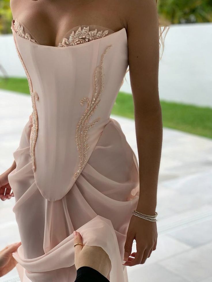 Pink vintage elegant beaded chiffon evening dress