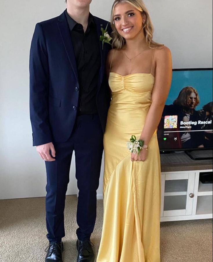 Yellow Spaghetti Straps Long Prom Dress With Slit