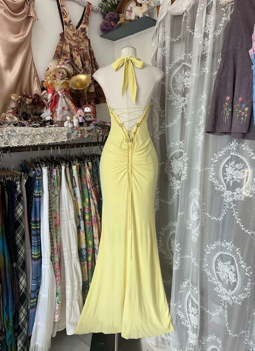 Yellow Halter Mermaid Long Prom Gown Evening Dress