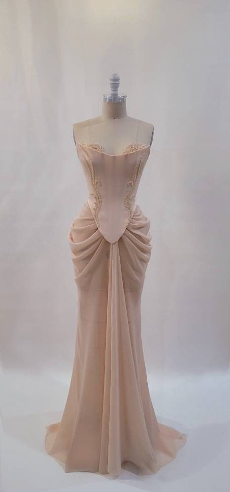 Pink vintage elegant beaded chiffon evening dress