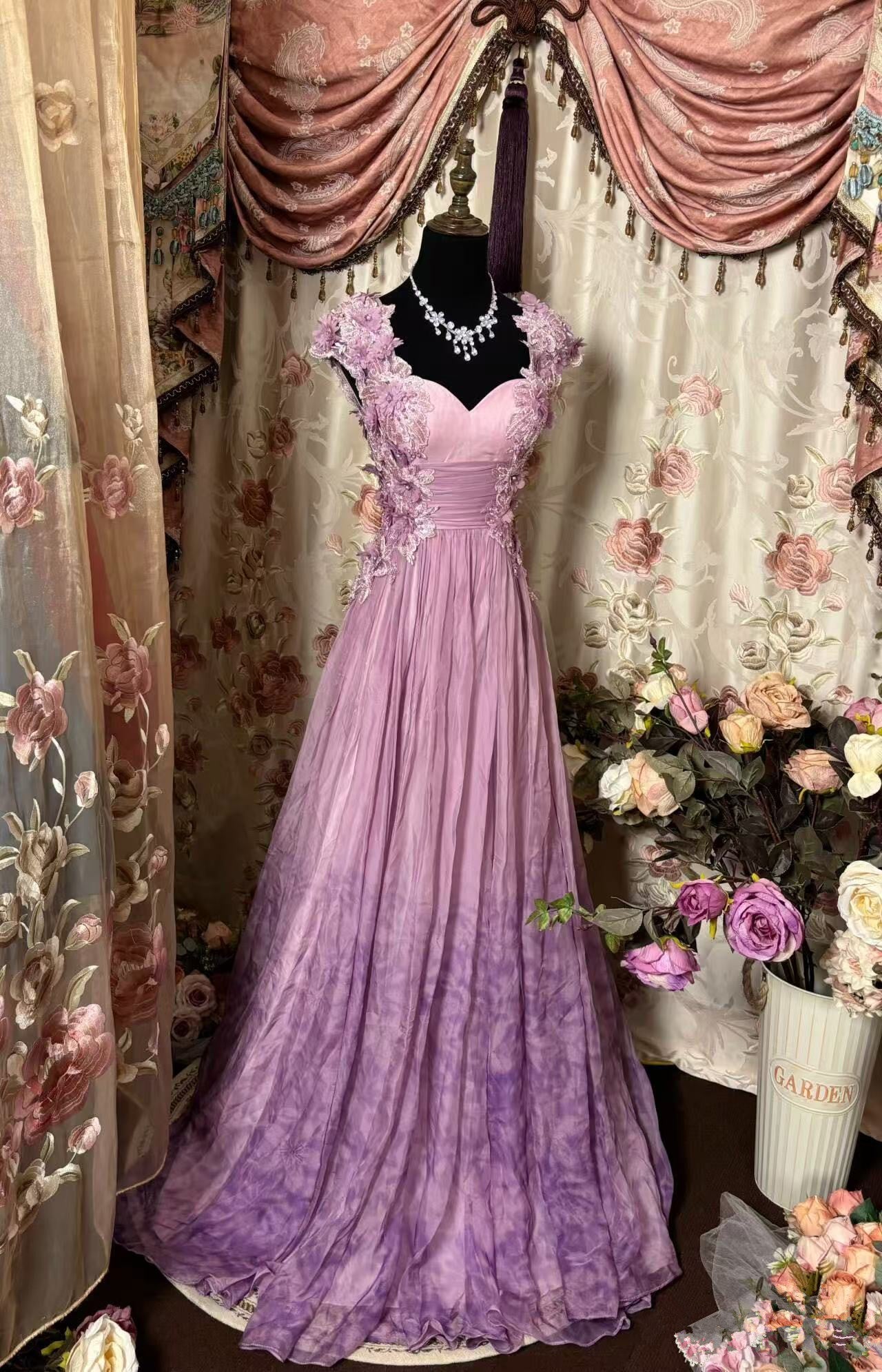 Sweetheart Flowers Chiffon Long Prom Dress,Long Evening Gowns