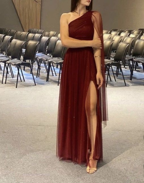 Burgundy Shinny Tulle Prom Dress, Elegant Evening Party Dress