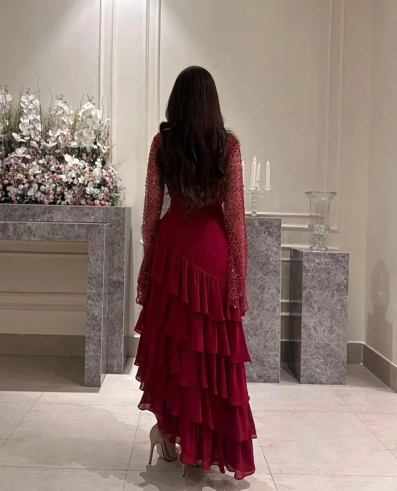 Women's Ankle Length Sequin Dress O Neck Tiered Burgundy Evening Dress