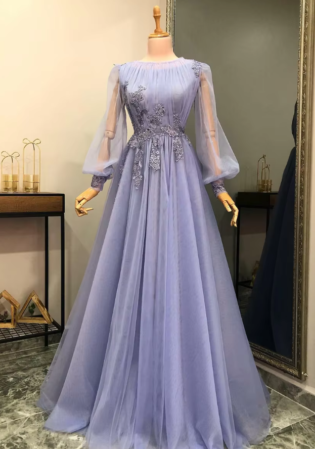 Lilac A-line Prom Dresses Appliques Lace Beading Tulle Long Sleeves Formal Evening Party Gowns