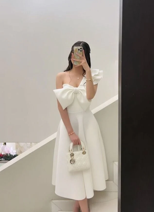 White Elegant Party Prom Dress One Shoulder BowKnot Evening Dresses