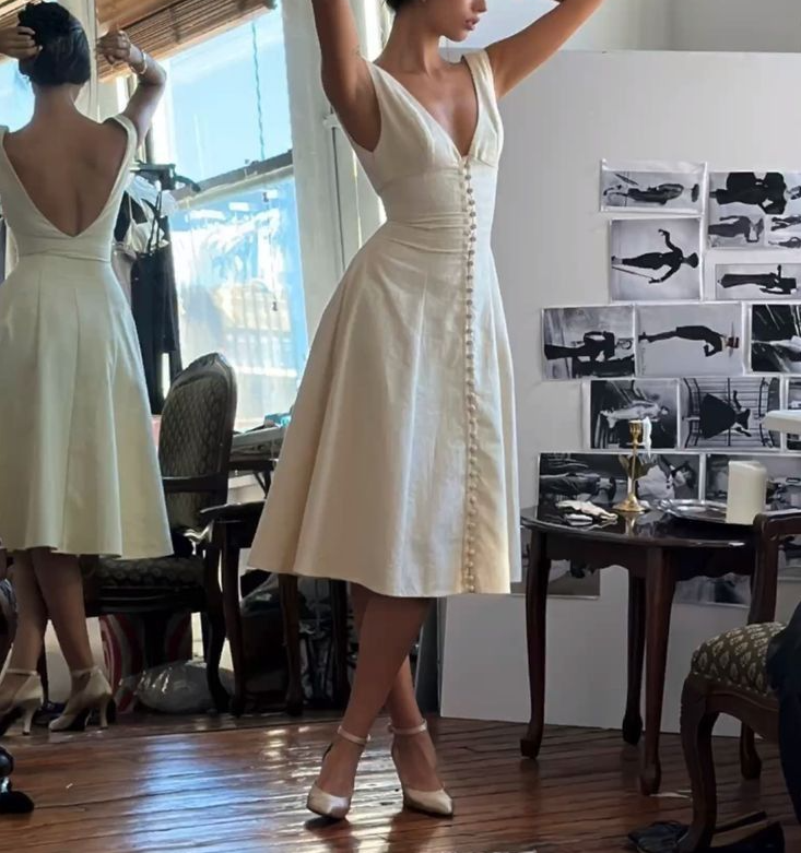 Elegant A line Prom Dress V Neck White Evening Dress