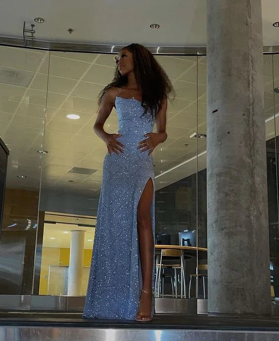 Sparkly Blue Sequins Sheath Evening Party Dress Long Prom Dress