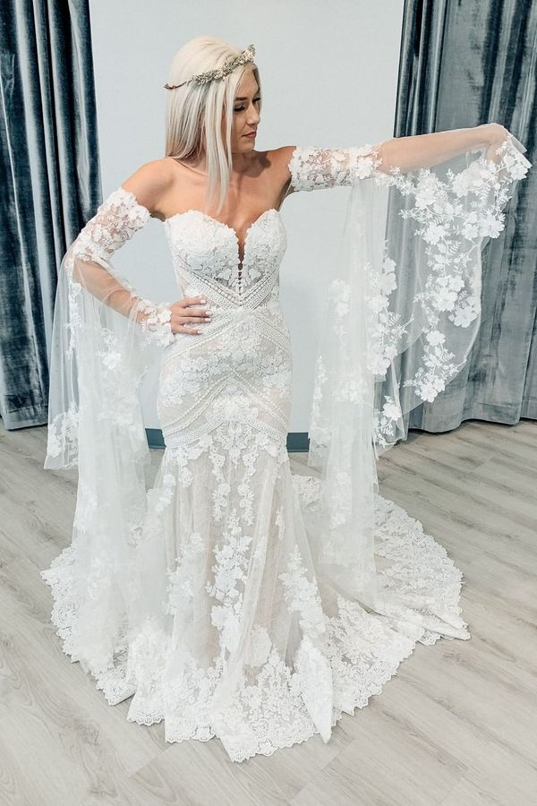 Bell Sleeves Lace Wedding Dresses Sweetheart Mermaid Bridal Gowns