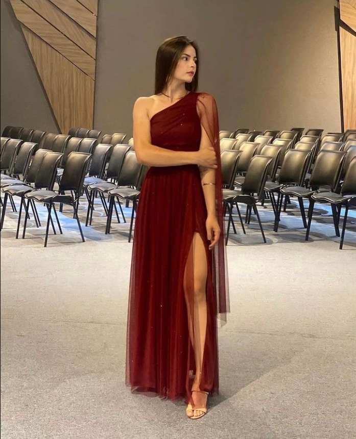 Burgundy Shinny Tulle Prom Dress, Elegant Evening Party Dress