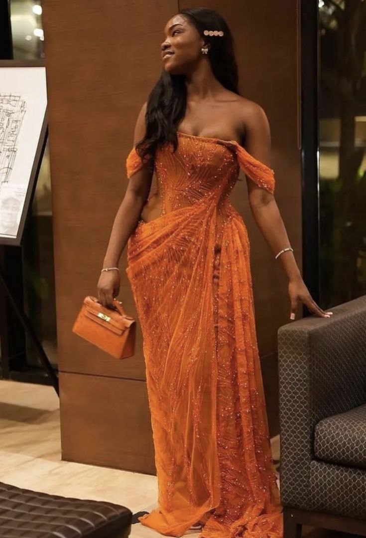 Orange Prom Dresses Off The Shoulder Birthday Outfits Long Formal Dress