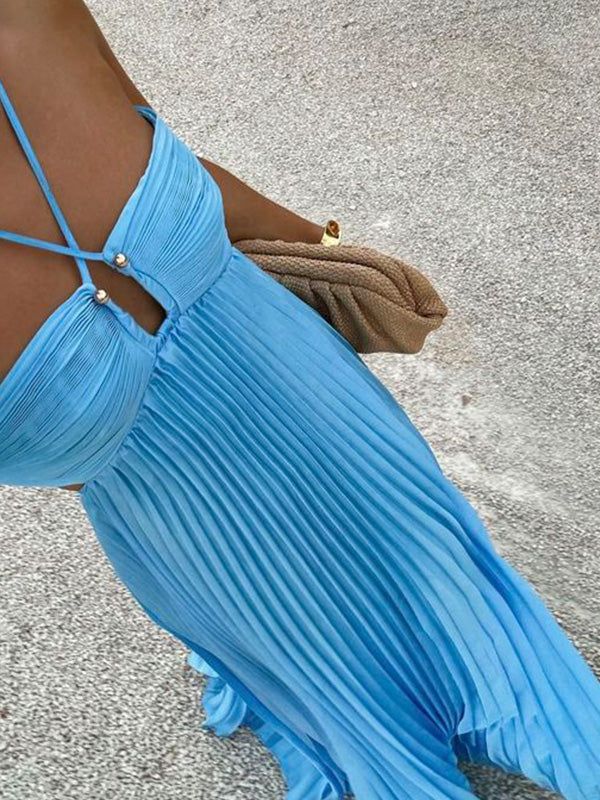 Simple Blue Sleeveless A-line Chiffon Long Evening Prom Dresses