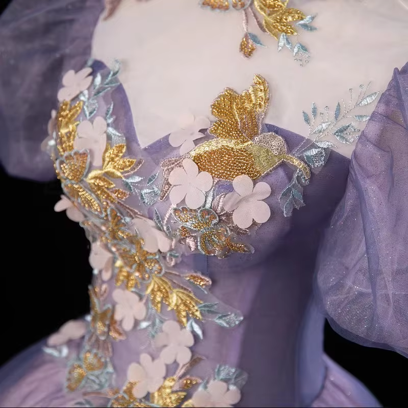 Purple Tulle Puff Sleeve Appliques Quinceanera Dress Evening Dress