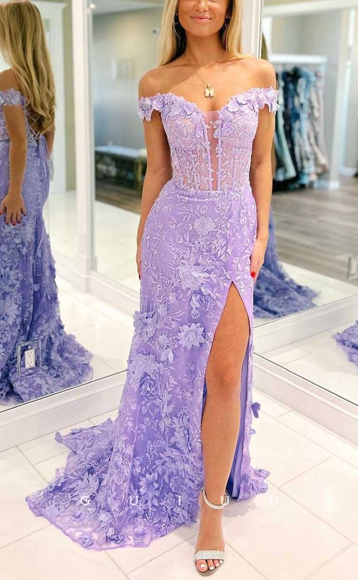 Off The Shoulder Floral Lace Long Prom Dress With Split