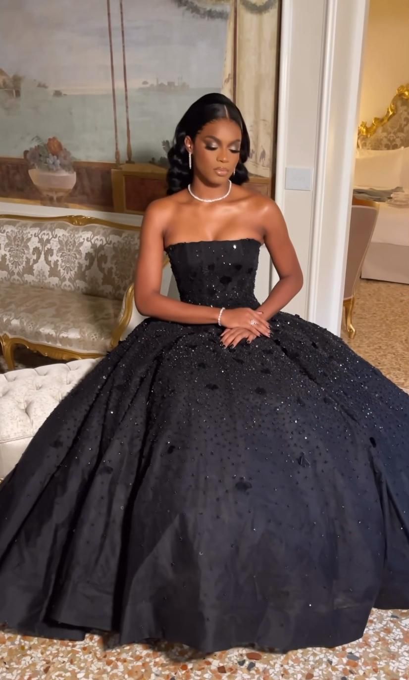 Black A line Long Prom Dress,Strapless Black Evening Dress