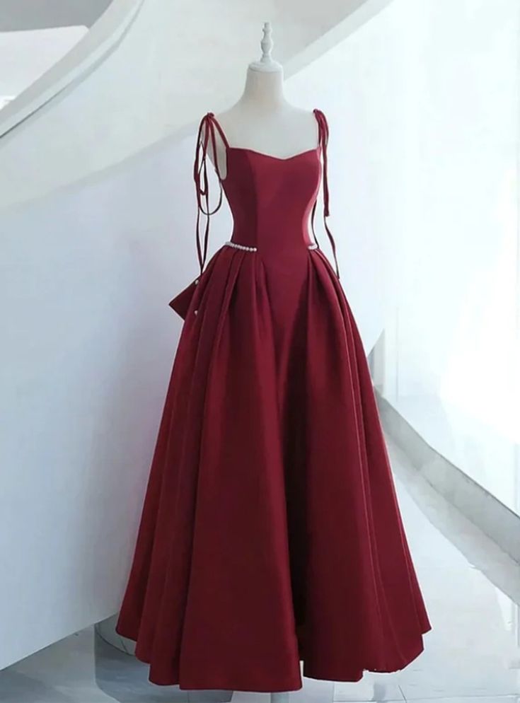 Wine Red Satin Long Formal Dress, Lace-up Fashion Straps Junior Prom Dress