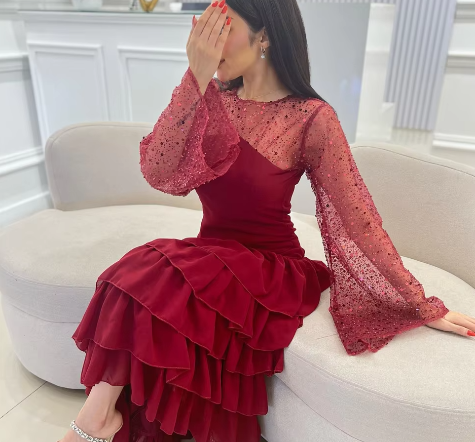 Women's Ankle Length Sequin Dress O Neck Tiered Burgundy Evening Dress