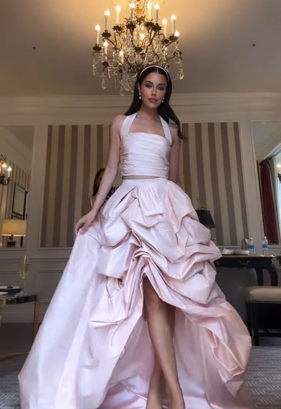 Glamorous Two Pieces Light pink Satin long prom dress