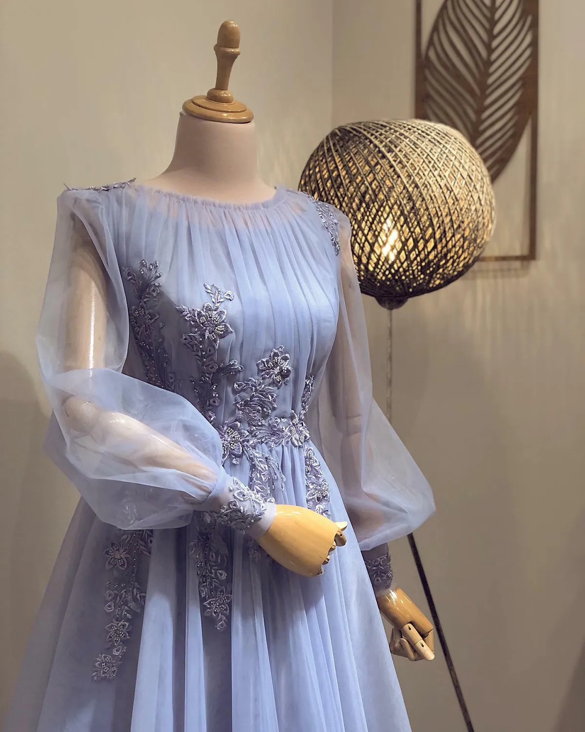 Lilac A-line Prom Dresses Appliques Lace Beading Tulle Long Sleeves Formal Evening Party Gowns