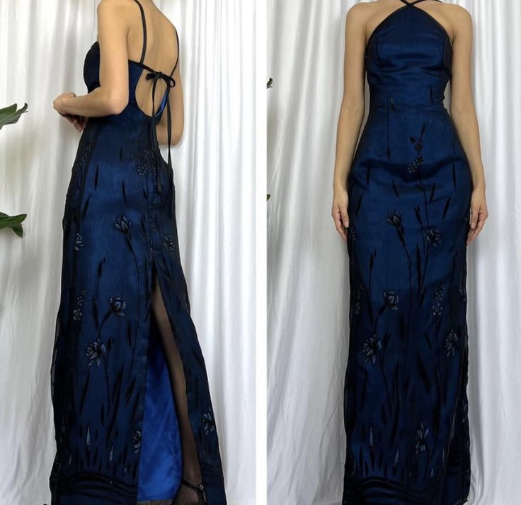 Navy Blue Floor Length Evening Dress Tulle Prom Dresses With Embroidered