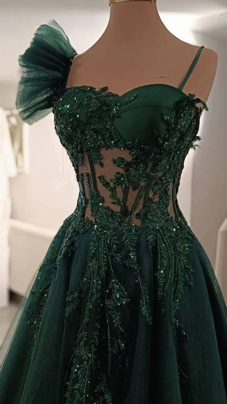 Green Long A-Line Prom Dress, Spaghetti Straps Evening Dress