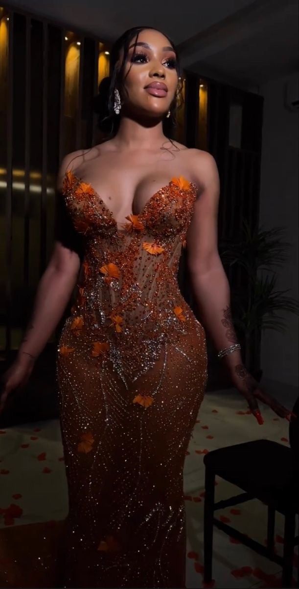 Gorgeous Orange Beaded Applique Mermaid Evening Dress Long Prom Dress