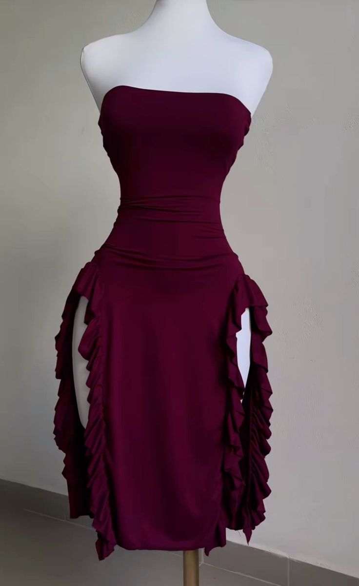 Strapless Sheath Midi Length Ruffle Prom Dress Sexy Evening Dress