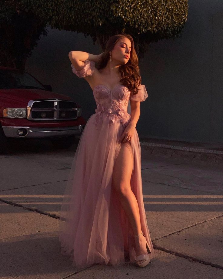 A Line Pink Tulle Long Prom Dresses With Leg Slit, Pink Tulle Long Formal Evening Dresses