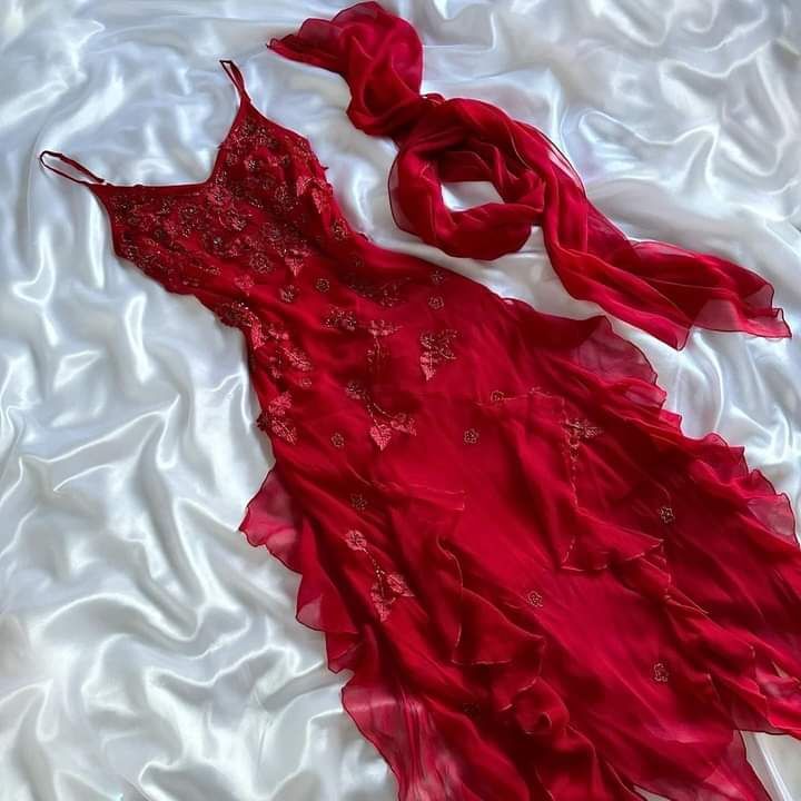 Spaghetti Straps Chiffon Ruffles Beading Red Prom Dress Red Evening Dress