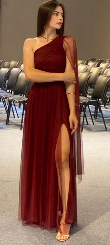 Burgundy Shinny Tulle Prom Dress, Elegant Evening Party Dress