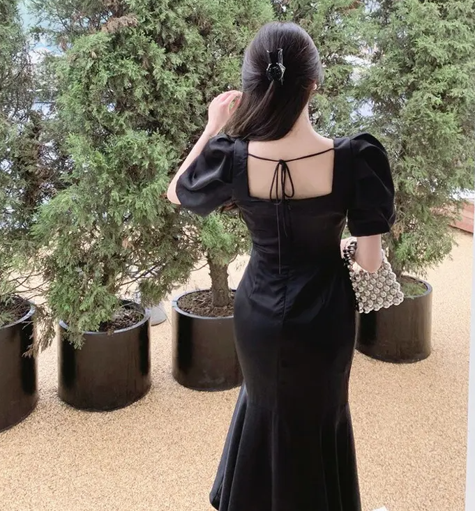 Puff-Sleeve Square-Neck Mermaid Dress,Vintage Black Prom Dress