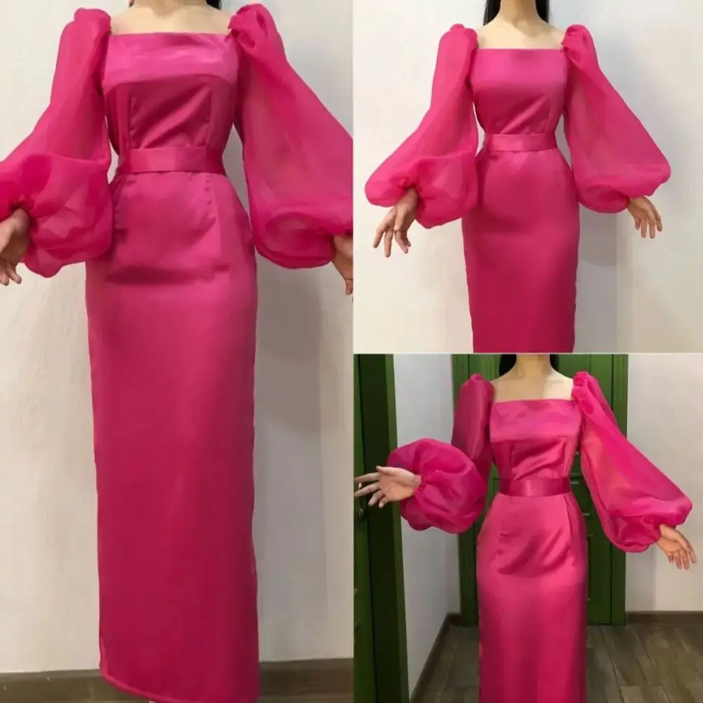 Women's Square Neckline Evening Dresses Long Sleeve Tulle Prom Party Dress
