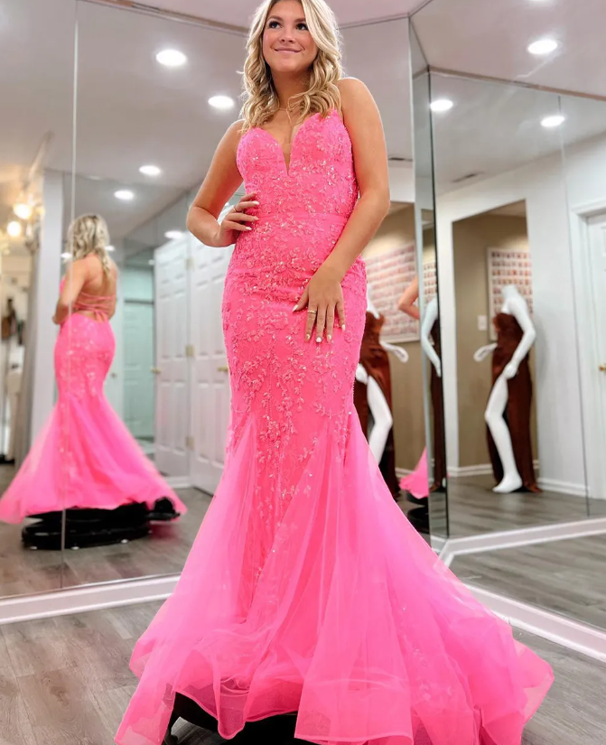 Mermaid Spaghetti Straps Hot Pink Long Prom Dress Lace Formal Dress