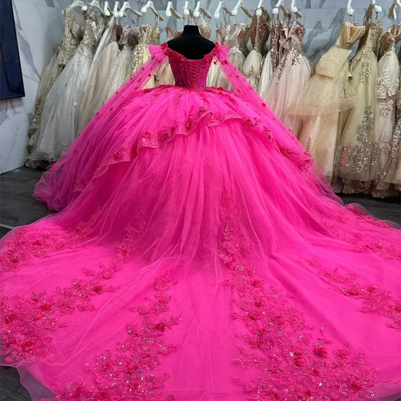 Quinceañera Off-Shoulder Lace Appliques Tulle Ball Gown Dress with Cape for Sweet 16 Birthday