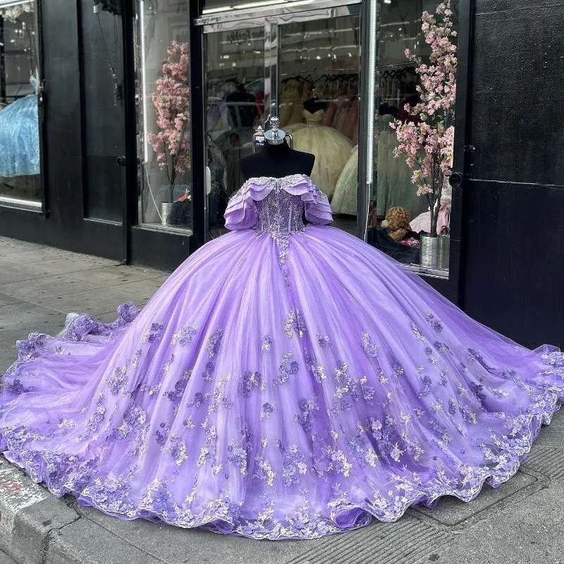 Ball Gown Luxury Off-Shoulder 3D Floral Quinceanera Dress in Lilac