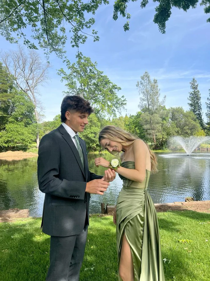 Strapless Green Satin Long Prom Dress With Slit