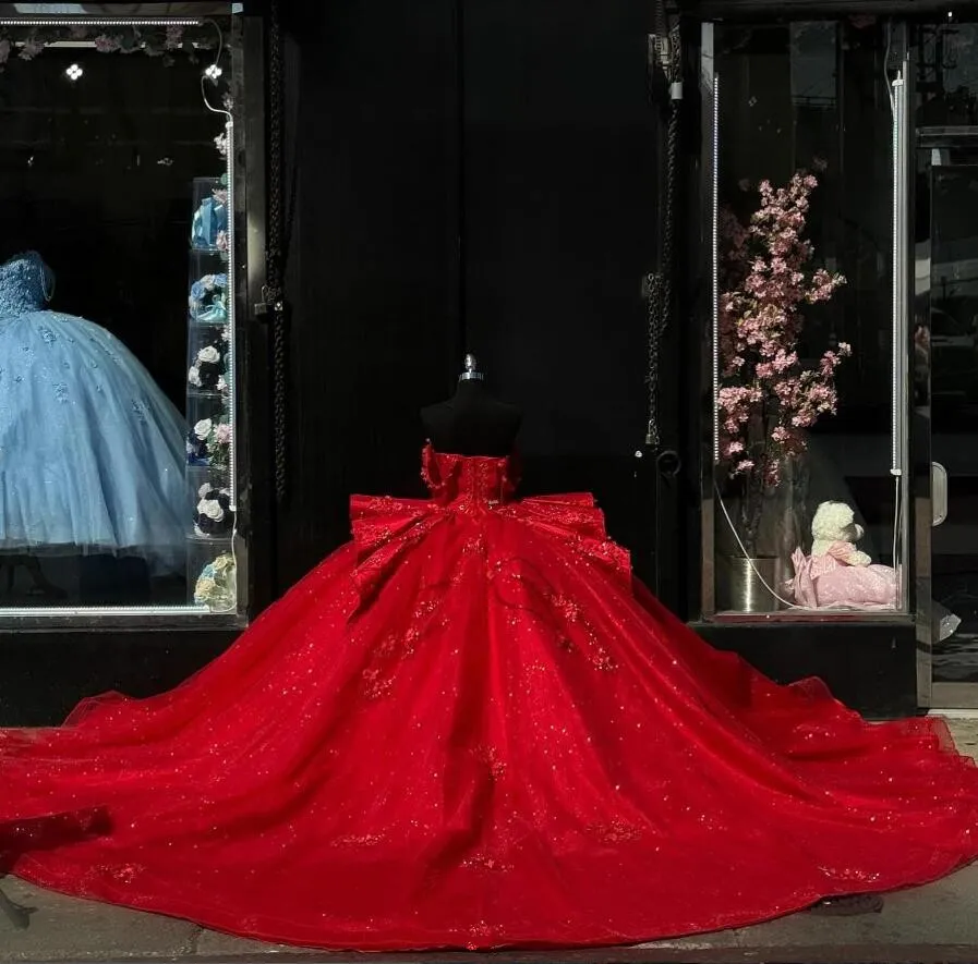 Red Princess Quinceanera Vestidos Gillter Off The Shoulder Corset vestidos de 15 Quinceanera Dress