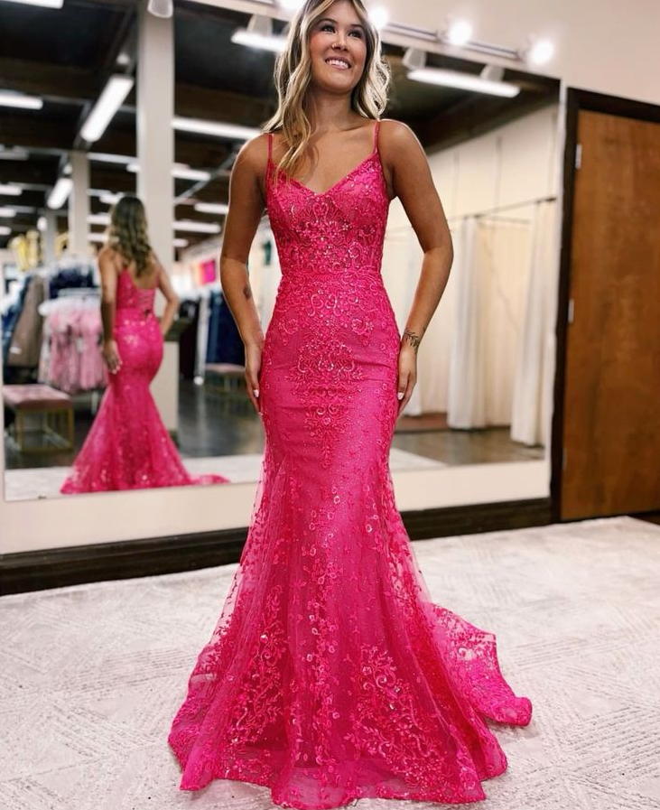 MERMAID EVENING DRESS WITH DEEP V NECKLINE AND SPAGHETTI STRAPS