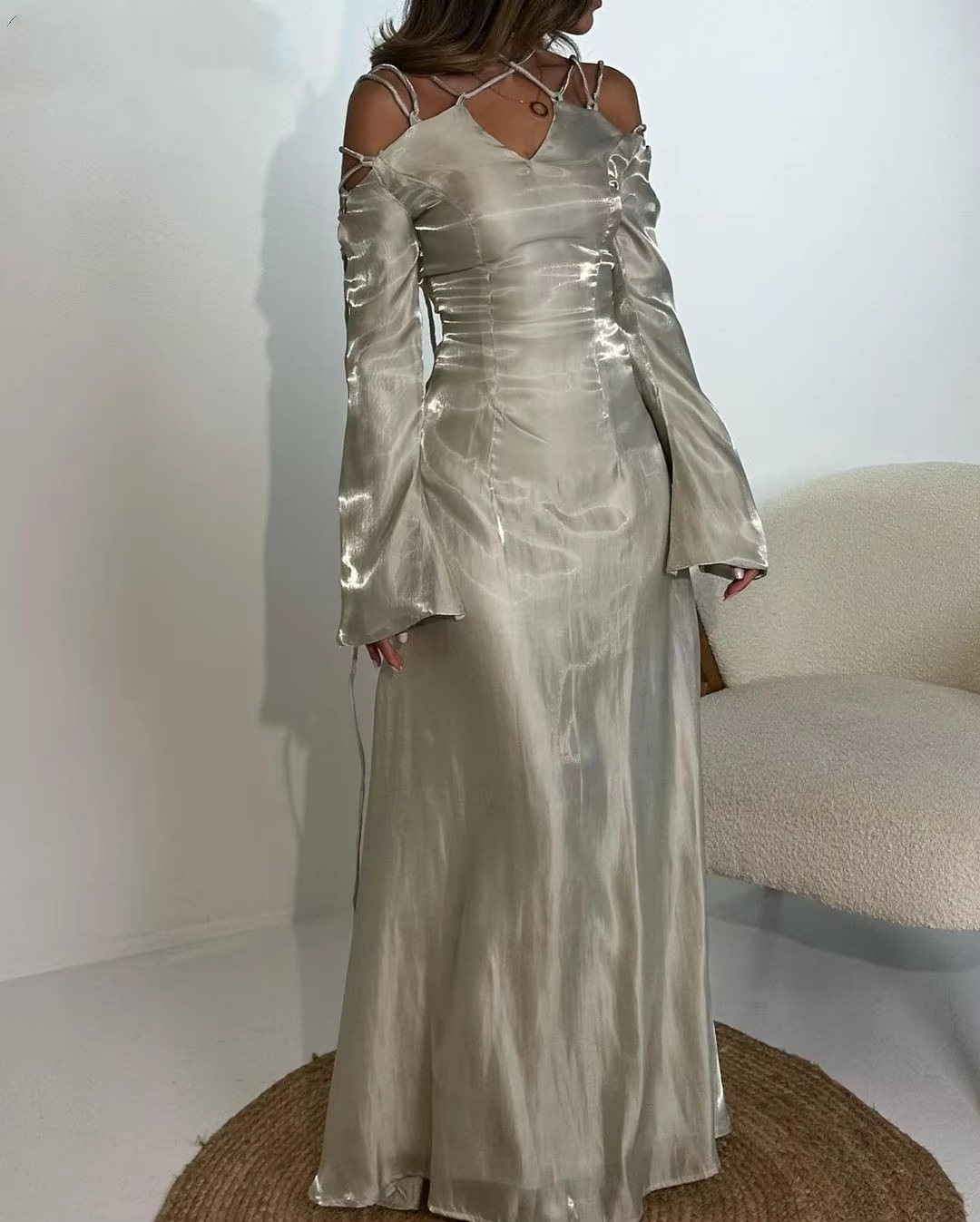 Silver Grey Prom Dress, Modern Girl Lace Up Flare Sleeves V Neck Elegant Evening Dress