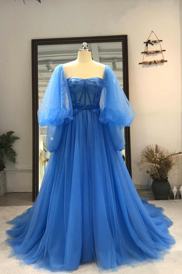 Tulle Long Sleeve Prom Dress, A-Line Tulle Formal Evening Dress
