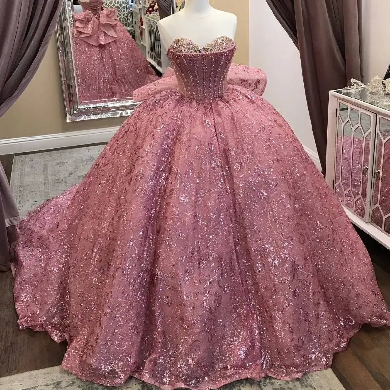 Pink Sequined Ball Gown Quinceanera Off The Shoulder Corset Lace Beads Crystal Sweet 16 Dress