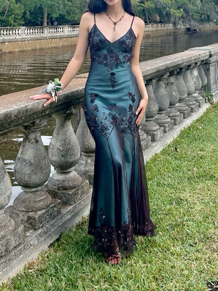 Vintage Blue and Black Prom Dress Evening Party Dress