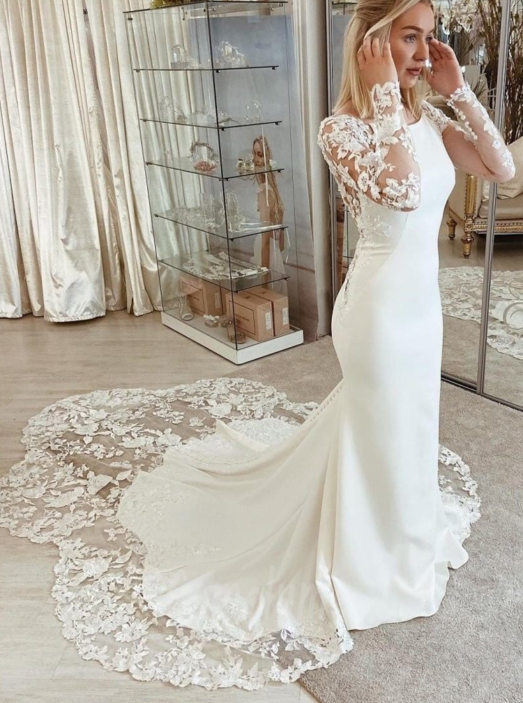 Chapel-length Petal Train Low Back Stretch Crepe Wedding Dress With Long Sleeves