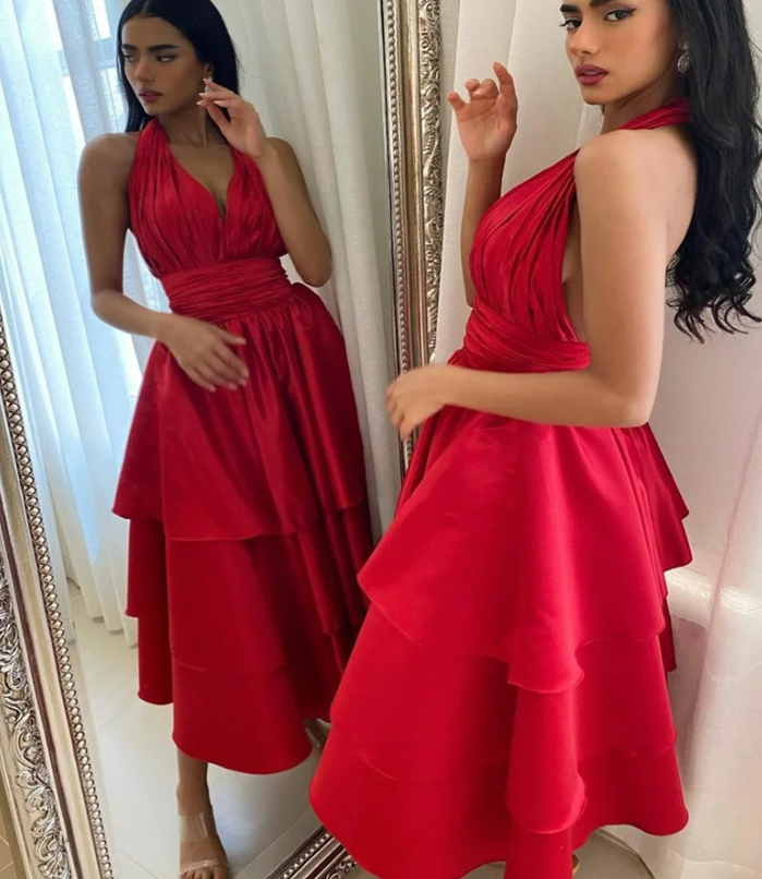 Elegant Short Satin Halter Evening Dresses Muslim Backless A-Line Red Dress Formal Dress Pleated Tea Length Gowns