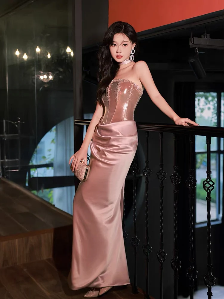 Sexy Rose Gold Party Dresses 2024 Strapless Beading Sleeveless Floor-Length Evening Gown