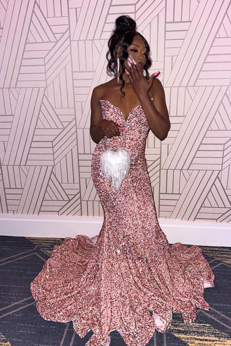 Mermaid Strapless Pink Sequins Long Prom Dress