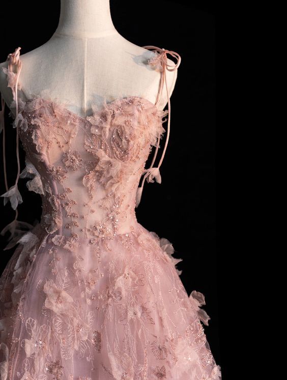 A line Spaghetti Straps Pink Tulle Prom Dresses for Teens