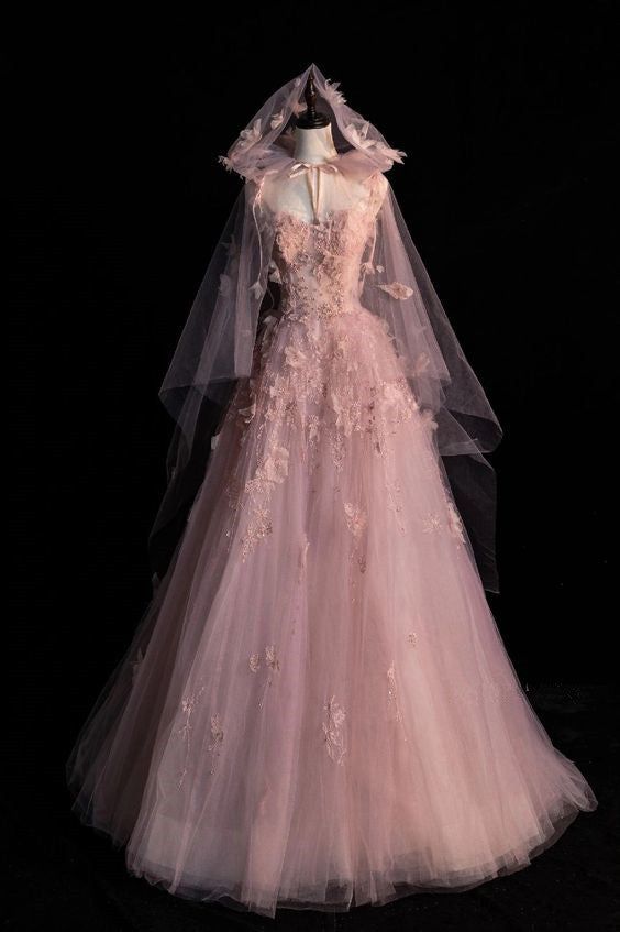 A line Spaghetti Straps Pink Tulle Prom Dresses for Teens