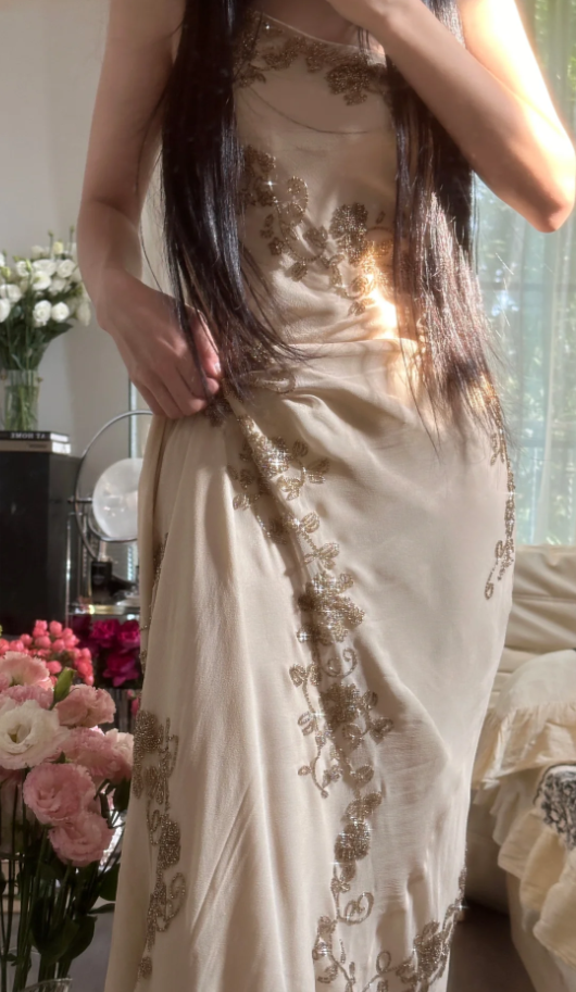 Vintage Spaghetti Straps Chiffon Beaded Mermaid Long Evening Dress Formal Birthday Party Dress