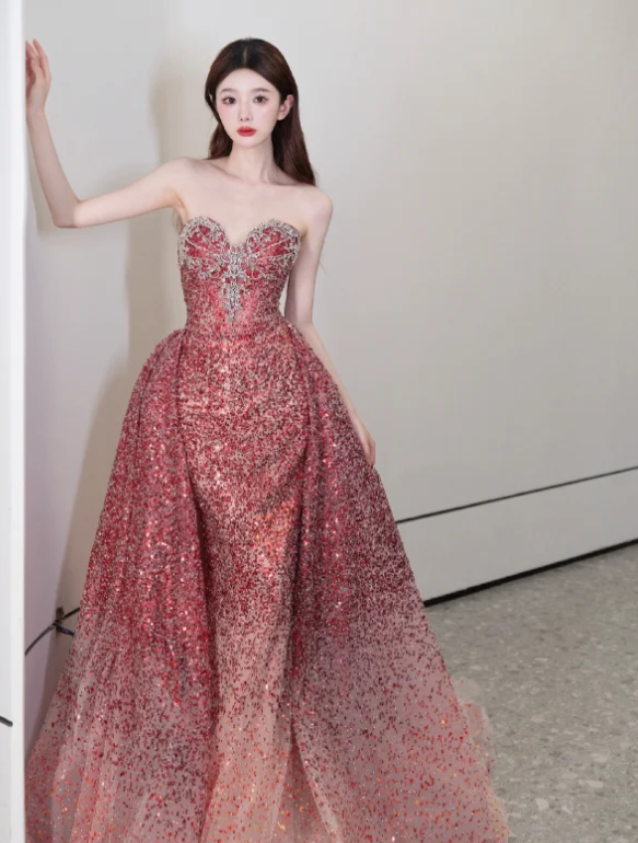 Sweetheart Neck Burgundy Prom Party Dress Sparkle Evening Dress Birthday Dress