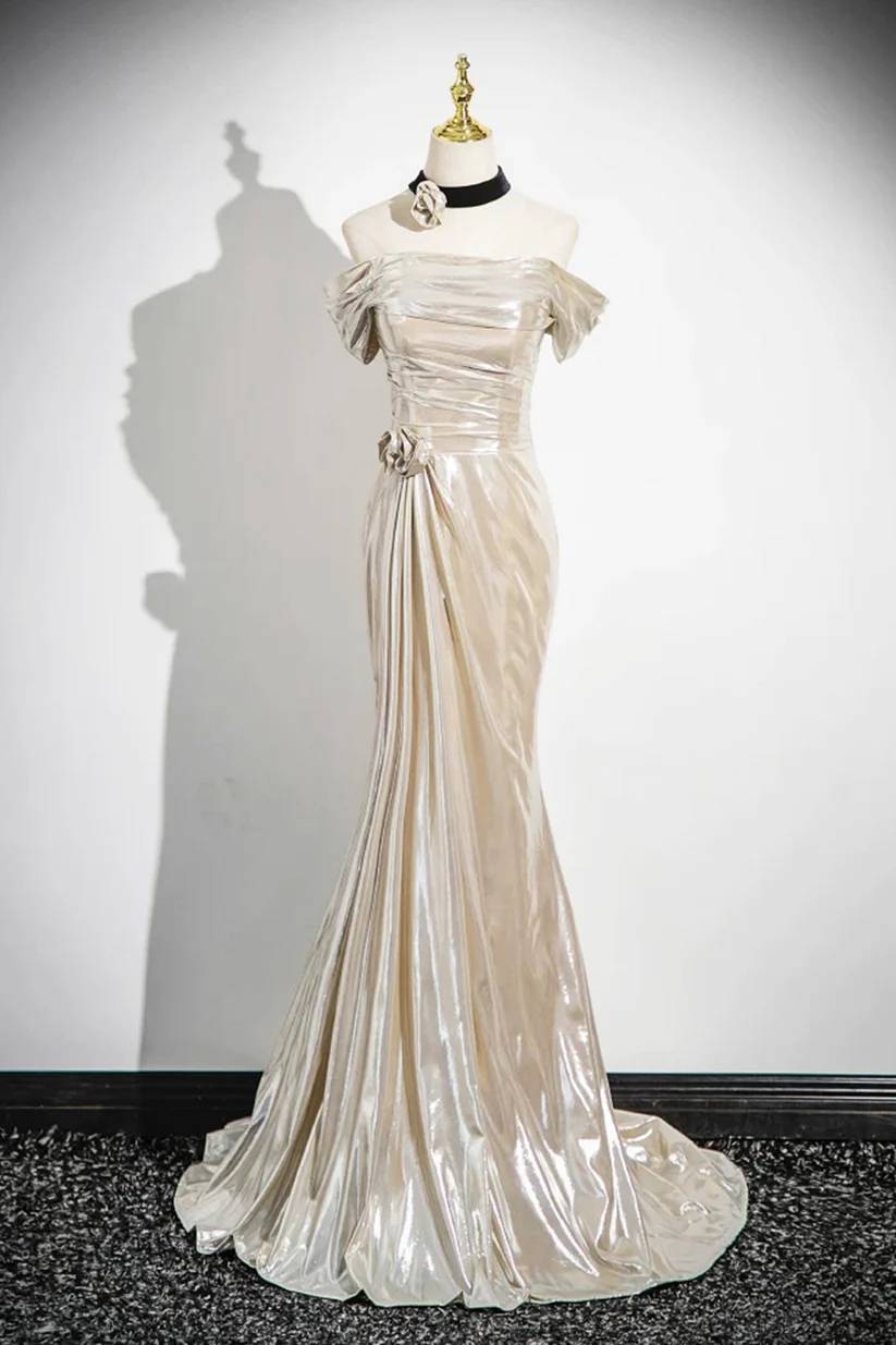 Champagne Off The Shoulder Satin Party Dress, Elegant Mermaid Evening Dress